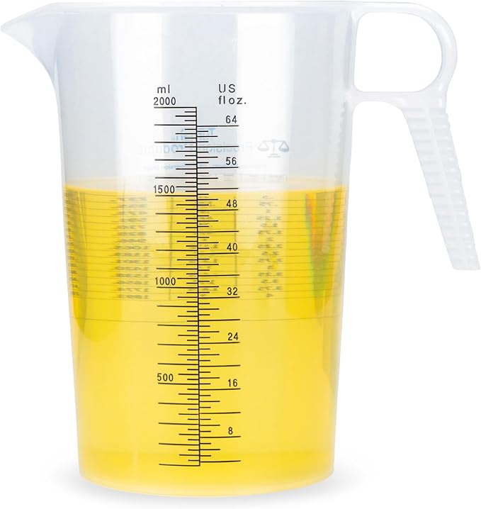 Half Gallon 64oz (2 quart) Measure Pitcher- Conversion Chart-Strong Food Grade - Resistant to Chemicals- Great for Lawn, Pool & Spa, Ag, Home Hobbies, Lye, Cooking, Shop Motor Oil Fluids Made In USA