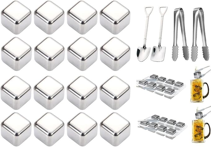 16-Piece Stainless Steel Ice Cubes, Whiskey Stones, Reusable Wine Stones, Silver, Drink Accessory, Bar Tool Set
