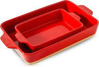 Ceramic Baking Casserole Dish with Handles, Large 9x13 inch Pan and Middle Baking Pan - Porcelain Serving Bakeware Set (Vintage Red)