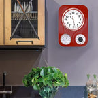 Lily's Home -9.5 Inch x 12.5 Inch -Retro Kitchen Wall Clock, Vintage Wall Clock with a Thermometer and 60-Minute Timer, Ideal for Any Kitchen, Office, or Diner (Retro Red)