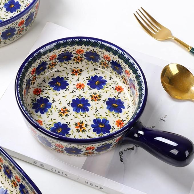 Vintage Style Blue Flowers Phalaenopsis Pottery Bakeware Ceramic Casserole Dish Baking Pan Lasagna Pans Baking Dish with Handles for Oven to Table-1 PCS, 20 OZ