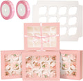 qiqee Auto-pop Up Cupcake Boxes with Window Pink 40PCS 12 Count Cupcake Box 13"x10"x3.5" Cupcakes Carrier, 12 Cupcake Containers with 2 rolls of pink ribbons