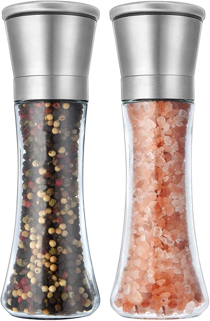 Elegant Pepper and Salt Grinder Set of 2, Best Spice Mill with Brushed Stainless Steel Cap, Ceramic Blades, Adjustable Coarseness, and Refillable Tall Glass Body with 6OZ Capacity (7.5").