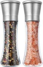 Elegant Pepper and Salt Grinder Set of 2, Best Spice Mill with Brushed Stainless Steel Cap, Ceramic Blades, Adjustable Coarseness, and Refillable Tall Glass Body with 6OZ Capacity (7.5").