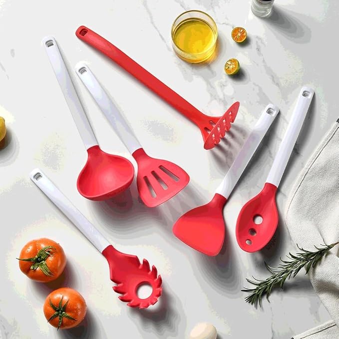 Heat Resistant Soup Spoon Brush Ladle Silicone Non Stick Spatula Kitchen Tools Cooking Utensil Set(E)