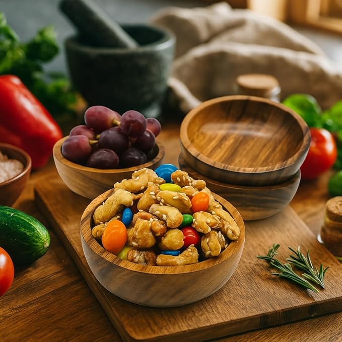 Small Wooden Calabash Bowls – 4.25” Acacia Snack, Dip & Side Dish Set of 4, Rustic Handmade Condiment Serving Bowls, Gift Ready