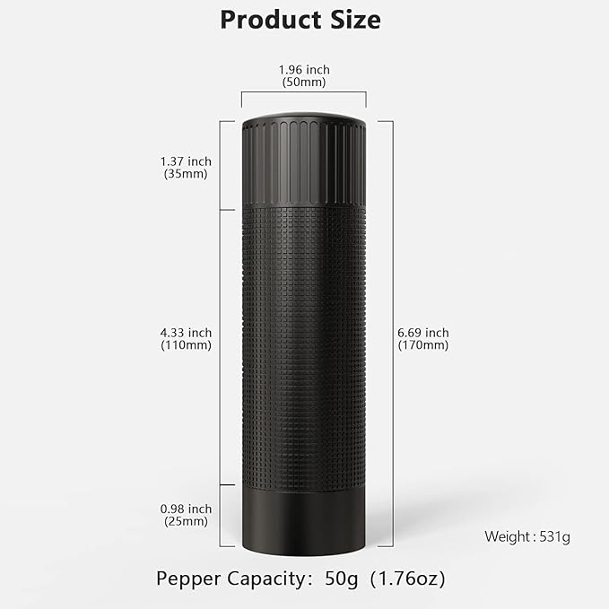 Luvan Pepper Grinder Mill, Heavy Duty Aluminum Manual Pepper Mill, Professional Grade Pepper Grinder with Stainless Steel Blade and Adjustable Coarseness, Black Pepper Mill Grinder Refillable Gift Set