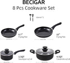 BECIGAR 8pcs Black Ceramic Pots and Pans Set, Cooking Pan Set,Cooking Pot Set Ceramic Pan Set, Nonstick Cookware Set, Induction Safe Kitchen Cooking Set with Frying Pans, Saucepans, shovel and Ladle