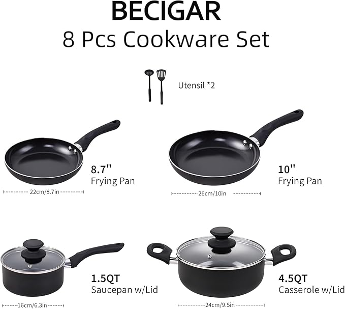 BECIGAR 8pcs Black Ceramic Pots and Pans Set, Cooking Pan Set,Cooking Pot Set Ceramic Pan Set, Nonstick Cookware Set, Induction Safe Kitchen Cooking Set with Frying Pans, Saucepans, shovel and Ladle