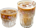 Set of 2 Floral Glass Coffee Cup Cute Drinking Glasses Stackable Floral Glass Cups for Juice,Iced Coffee,Milk,Tea,Dessert,Flower Teacups Glassware Drinkware Set (pink)