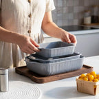 Yachi Ceramic Casserole Dishes for Oven Set of 3 Pcs Rectangular Bakeware Set with Handle for Steak Beef Baking Pan Roast Chicken spaghetti Lasagna Pan vegetables Microwave Oven and Dishwasher Safe Gray (14.8''/12.7''/9.8'')