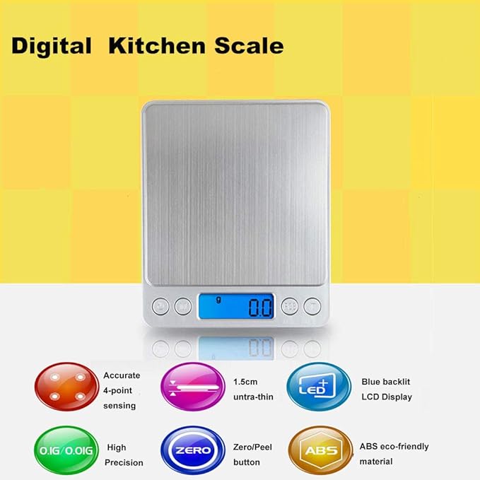 Digital Kitchen Scale,High Precision Stainless Steel Multifunction Food Scale Grams and Ounces Back-Lit LCD Display Small Pocket Jewelry Scales Auto Off,Tare,PCS,UNTS/Mode (3kg/0.1g)