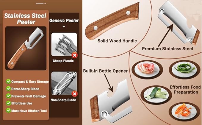 Multi Functional Premium Vegetable Peeler with Wooden Handle and Bottle Opener Stainless Steel Blade Kitchen Tool for Fruit Potato Pumpkin Papaya