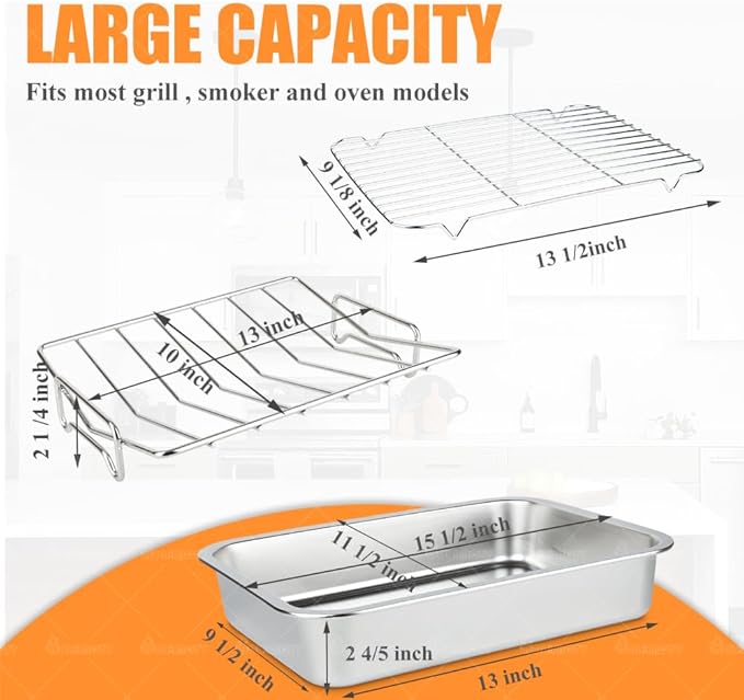 Stainless Steel Turkey Pan, Turkey Roasting Roaster pan with V rack for Oven, for Smoking and Grilling Chicken, Bird, and Pork, Cooking Rack with 15.5*11.6*2.8 inch Roasting Tray for Grill and Smoker