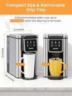 K Cup Coffee Maker, Hot & Iced Coffee Maker for K Cup and Grounds, 6-14 Oz Brew Sizes, 50oz Removable Tank, Single Cup Coffee Maker with Descaling Reminder, Stainless Steel, Black