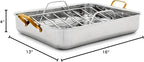 GreenPan Reserve 16" x 13" Tri-Ply Stainless Steel Roasting Pan with Roaster Rack, Multiclad Cookware, Induction Suitable, Gold Stainless Steel Handles, Dishwasher & Oven Safe, Silver