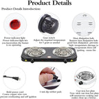 Compact and Portable Countertop Burner- Countertop Double Coiled Burner 2000 Watts Electric Hot Plate Temperature Controls White