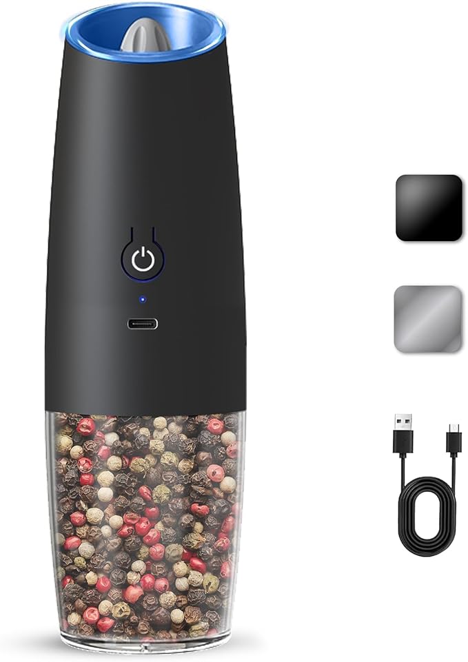 Rechargeable Electric Salt And Pepper Grinder Set, Automatic Gravity Electric Salt And Pepper Grinder Set, Adjustable Roughness, Led Light, 1 Pack, (Black)