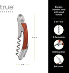 True Reserve Curve Waiters Corkscrew Wine Opener with Foil Cutter, Wood and Stainless Steel, Manual Wine Bottle Opener for Bartenders, Servers, Home Bar Tools, Bar Cart Accessories, Set of 1