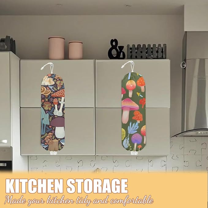 2 Pcs Mushroom Plastic Bag Holder, Wall Mount Grocery Bag Holder for Plastic Storage bag, Large Reusable Grocery Bags Storage Dispenser for Home Kitchen, Cute Mushroom Gifts for Women Wife Grandma