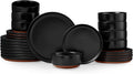 E-far 24-Piece Stoneware Plates and Bowls Sets, Dinnerware Sets for 8, Ceramic Dishware Dishes Set with Terracotta Base, Chip & Scratch Resistant, Microwave & Dishwasher Safe, Matte Black