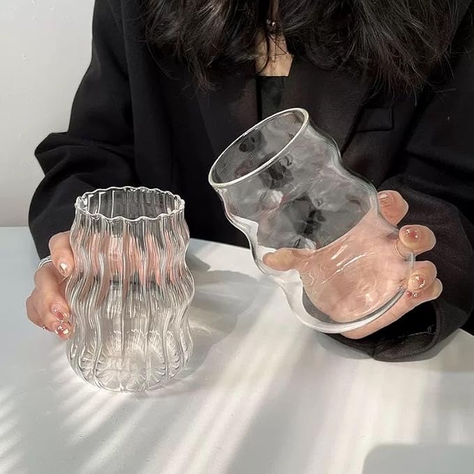 Mixed Drinkware Sets Glass Cups Set of 2 with Glass Straw, 18 Oz Drinking Glassware, Wave Shape Design, Bubble Cups for Iced Coffee, Juice, Beverage, Milk, Cocktails, Tea, Gift for Women Men