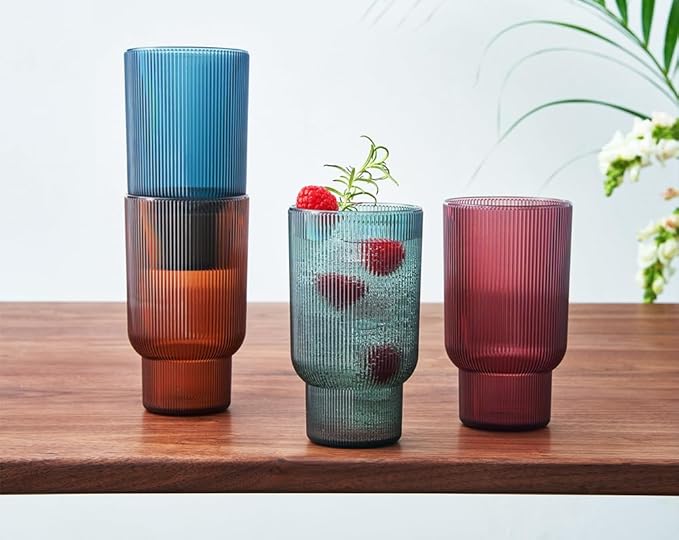 Khen Shatterproof Acrylic Tall Drinking Glasses Set, European Style, Dishwasher Safe, Ribbed | Set of 4 | Fluted Tritan Drinkware, Unbreakable BPA-free Plastic, Reusable Stackable Glassware 14.5oz