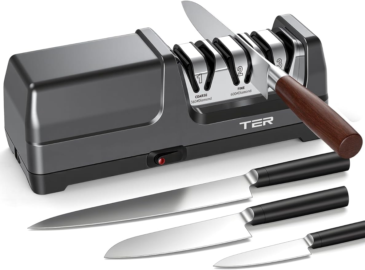 Electric Knife Sharpener, 3-Stage Diamond Knife Sharpener for Kitchen Knives 20-Degree Angle, 40S Quick Sharpening & Polishing for Chef, Santoku, Ceramic Knives, Easy to Use for Beginners, Black