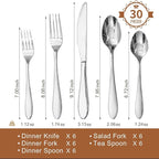 KINGSTONE 30-Piece Silverware Set for 6,18/10 Premium Stainless Steel Flatware Set, for Home, Restaurant, Wedding and Party Use,Mirror-Polished Cutlery Set, Dishwasher Safe