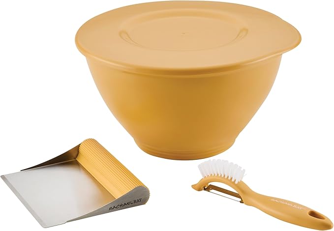 Rachael Ray Tools and Gadgets Kitchen Prep, Garbage Bowl with Lid, Bench Scrape, Veggie Peeler, 4 Piece Food Prep Set - Turmeric Yellow