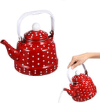 1.8 Quart Red Vintage Enamel Tea Kettle - Stovetop Safe Cute Retro Water Kettle, Enamel on Steel No Whistling Hot Water Pot for Home Kitchen Decor, Coffee & Tea Making