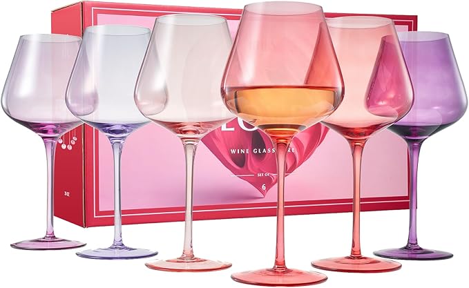 Colors of Love Pink & Red Valentines Crystal Wine Glasses Set of 6 – Elegant Italian Style Tall Stemmed 24oz Glassware Valentine’s Day, Romantic Dinners, Anniversaries, Weddings Gifts, Wife Girlfriend