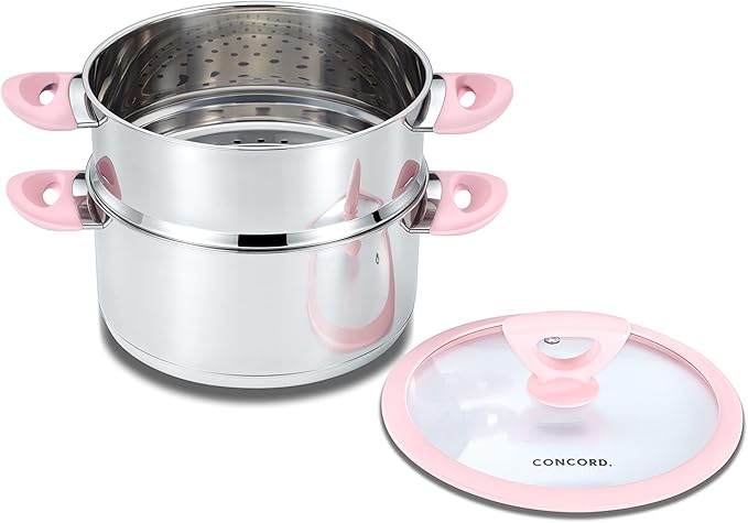 CONCORD 3 Quart Stainless Steel 3 Piece Steamer Cookware Set. Features 2 Quart Veggie Steamer and 3 Quart Cooking Pot with tempered glass lid and silicone handles (INDUCTION COMPATIBLE)