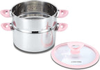 CONCORD 3 Quart Stainless Steel 3 Piece Steamer Cookware Set. Features 2 Quart Veggie Steamer and 3 Quart Cooking Pot with tempered glass lid and silicone handles (INDUCTION COMPATIBLE)