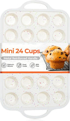 CAKETIME Mini Cupcake Pans, Metal Reinforced Frame Silicone Mini Muffin Pan Nonstick 24 Cups Easy to Handle for Baking Muffins, Cupcakes, Egg Bites 1 Pack