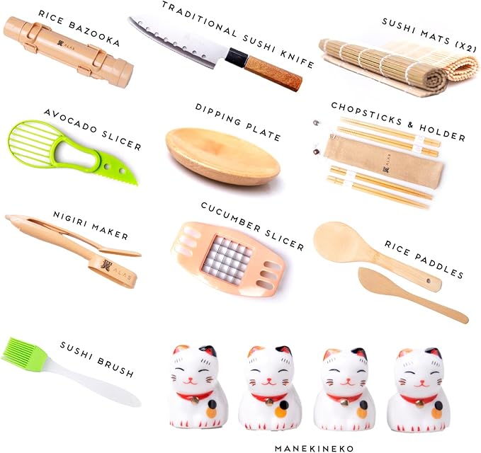 Alas Complete 20 Piece Sushi Making Set - Kit for Beginners & Pros with Knife, 2 Mats, Rice Bazooka and Dipping Plate