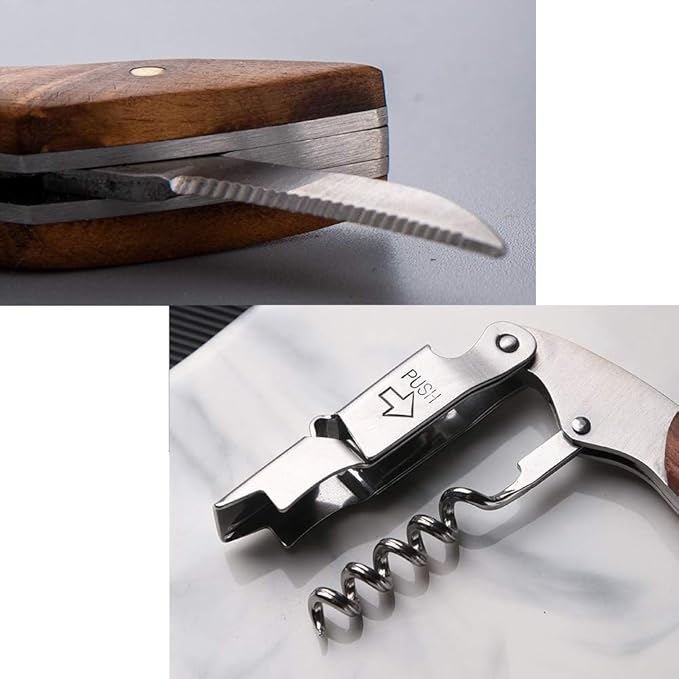 EDSG Personalized Wine Opener Wine Bottle Opener 3 in 1 Corkscrew Wine Bottle Opener Wine Key Wood Handle Stainless Steel Wine Opener for Bar Restaurant Waiters Sommelier Bartend(Design 2)