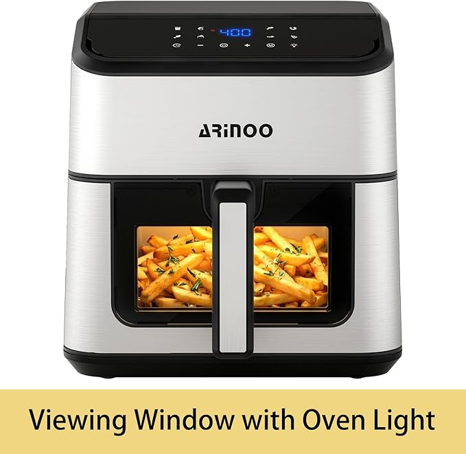 8 Qt Air Fryer Pro, 8-In-1 Air Fryer with Viewing Window, 360° Crispy, 80% Less Oil, Quiet, Nonstick Dishwasher-Safe Basket, 1500W, Recipe Book, Black