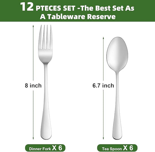 12 Pcs Forks and Spoons Silverware Set, Food Grade Stainless Steel Flatware Cutlery Set for Home, Kitchen and Restaurant, 6 Dinner Fork(8") and 6 Teaspoon(6.7"), Mirror Polished, Dishwasher Safe