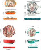 Ceramic Baking Pan, Forest Animals Pattern Tableware With Handle Salad Bowl Au Gratin Dish(Deer round)