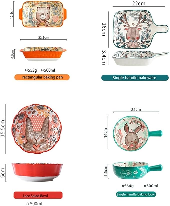 Ceramic Baking Pan, Forest Animals Pattern Tableware With Handle Salad Bowl Au Gratin Dish(Rabbit B round)