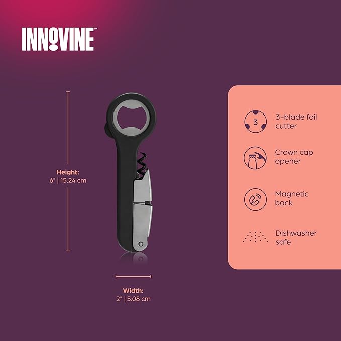 Innovine Waiters Corkscrew Wine Opener, Durable Stainless Steel with Built-in Bottle Opener and 3-Blade Foil Cutter for Bartenders, Home Bar, Kitchen, Outdoor Party, Gifts for Wine Lovers, Set of 1