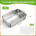 4 Packs 8.8×5.9 Inch Loaf Pans for Baking Bread, 304 Stainless Steel Loaf Bread Pan with Parchment Paper Liners, Metal Bakeware for Bread, Meatloaf, Cake Brownies, Easy Release, Oven & Dishwasher Safe