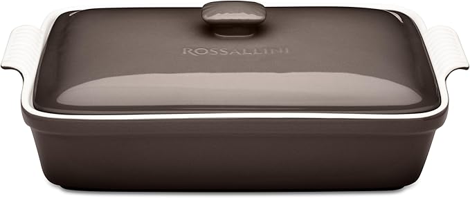 ROSSALLINI Stoneware Casserole Dish Bakeware Set with Lid, Covered Rectangular Dinnerware, Extra Large 4.23 Quart, 13 by 9 Inch, Oyster