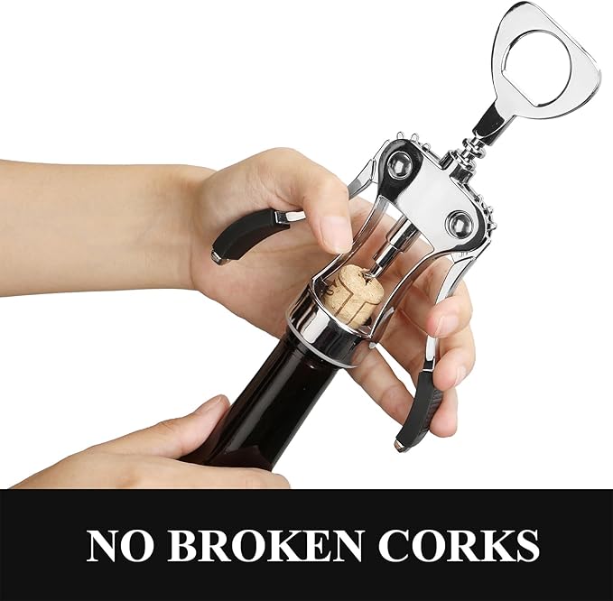 KORCCI Wine Opener, Heavy-Duty Zinc Alloy Wing Corkscrew, Premium Beer Bottle Opener, Multifunctional Wine Accessories with Ergonomic Handle and Sharp Screw, for Kitchen, Bar, Restaurant (SILVER)