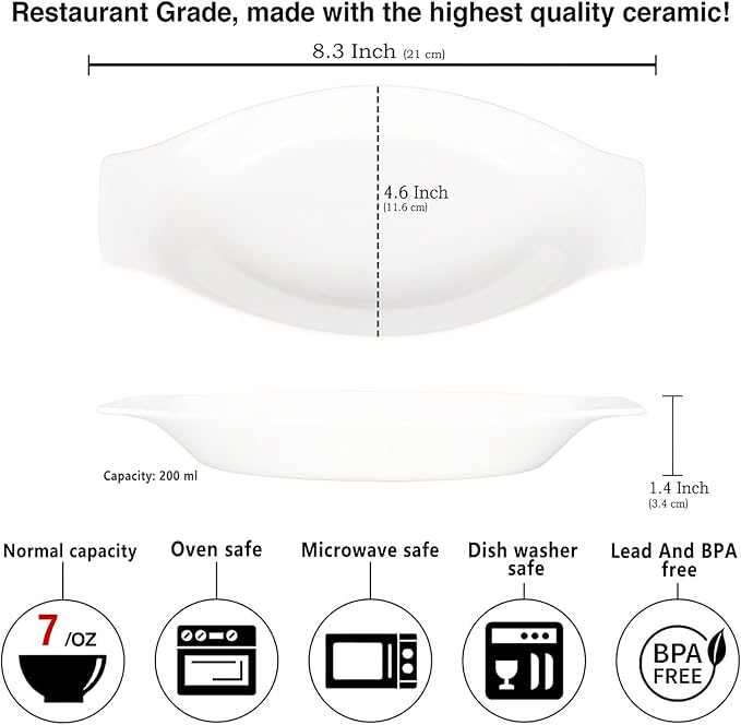 6" x 4" Ceramic Oval Small Au Gratin Baking Dishes 7 oz, Set of 4 Banana Split Bowls, Oven and Microwave Safe, for 1 person servings, Bakeware with Handle(8.3 IN) for Kitchen and Home