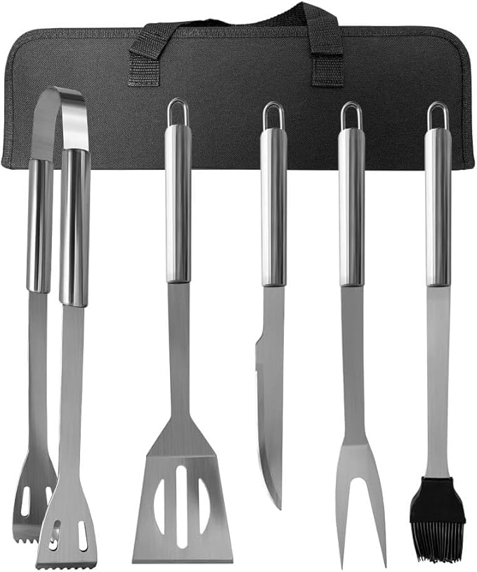 PTAPIPI 5-Piece Stainless Steel Grill Tool Set with Carry Bag – BBQ Utensils for Him, Young Men, Camping & Tailgating, Budget-Friendly Barbeque Gift
