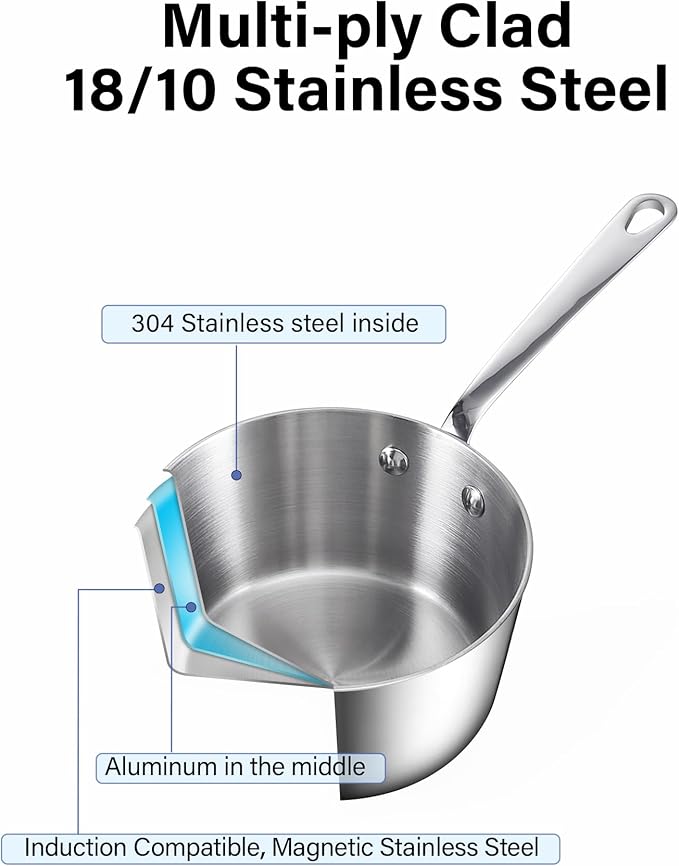 D&M Butter Warmer 0.23 Quart, Multi-Ply Clad Stainless Steel Milk Frother and Chocolate Melting Pot, Small Saucepan for Induction Stovetop, Coffee, Butter, Syrup
