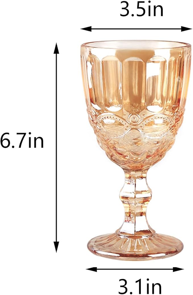 12 Pcs Vintage Wine Glasses, 10 Ounces Colored Glass Water Goblets, Unique Embossed Pattern High Clear Stemmed Glassware Wedding Party Bar Glass Drinking Cups, Floral Amber Glasses Set of 12