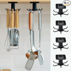 4 PCS Under Cabinet Kitchen Utensil Hooks 360° Rotation Adhesive Nail Free Hanging Rack for Kitchen Utensils, Tools, Towel, Knife (Black)